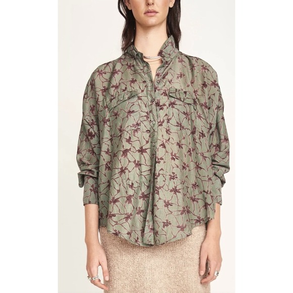 Mirth Tops - MIRTH Oslo Blouse Shadow‎ Kudzu Green Floral Hand Block Print Silk Cotton S
